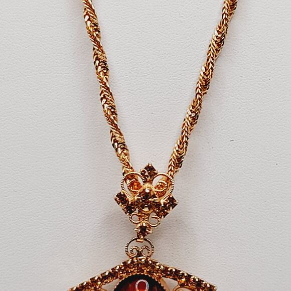 Vintage Topaz Lucite Rhinestone Pendant Brooch Necklace Rope Chain 22” - Picture 6 of 14